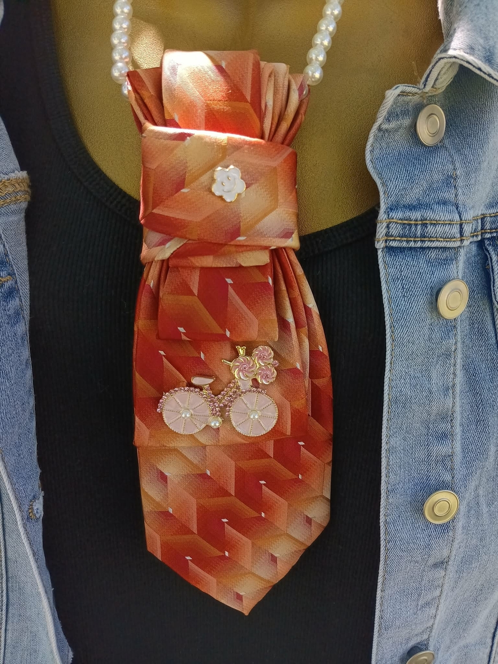 Silk Geometric Orange Statement Necktie Necklace